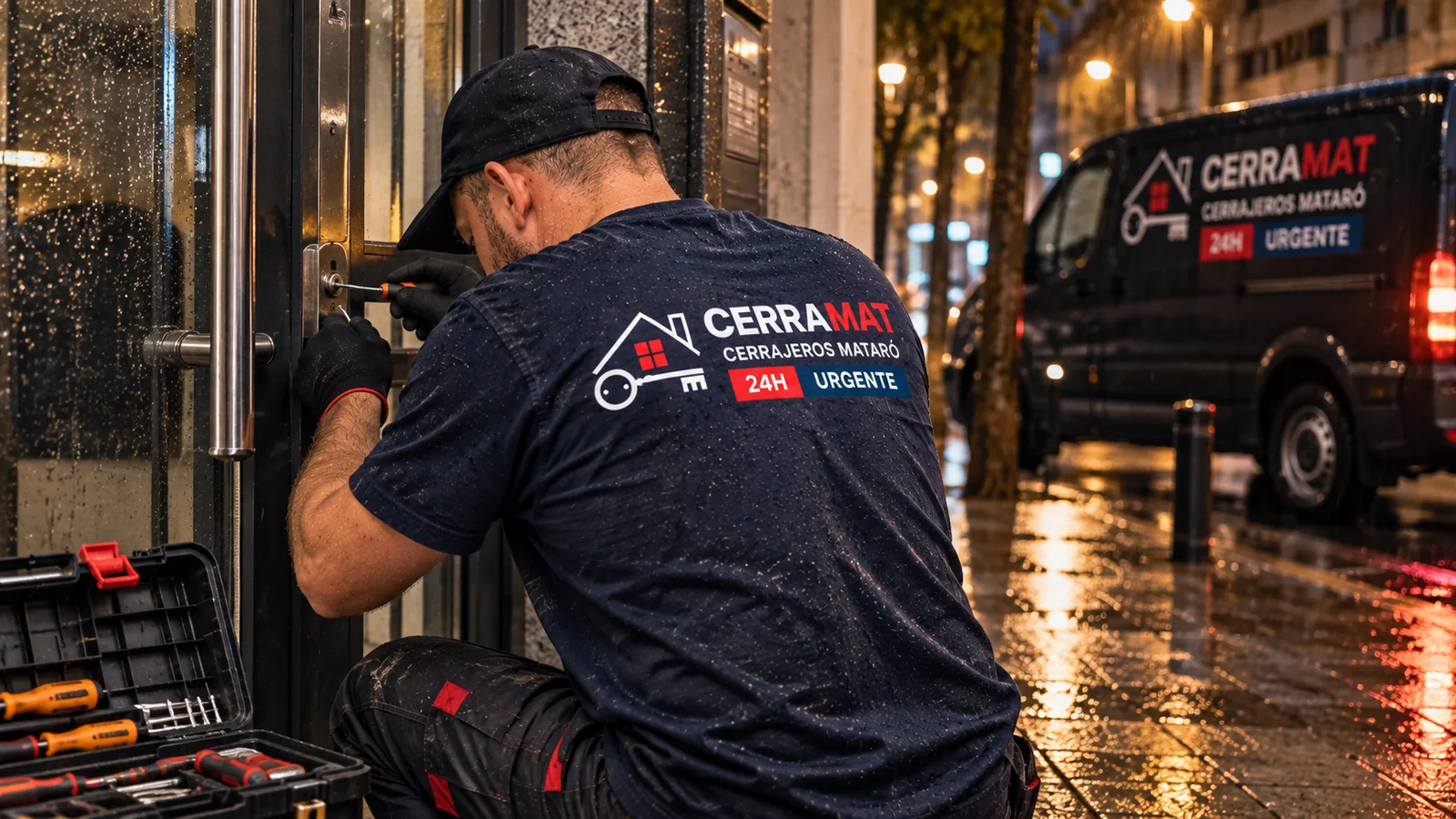 Cerrajero Mataró 24H atendiendo una apertura de puerta de noche