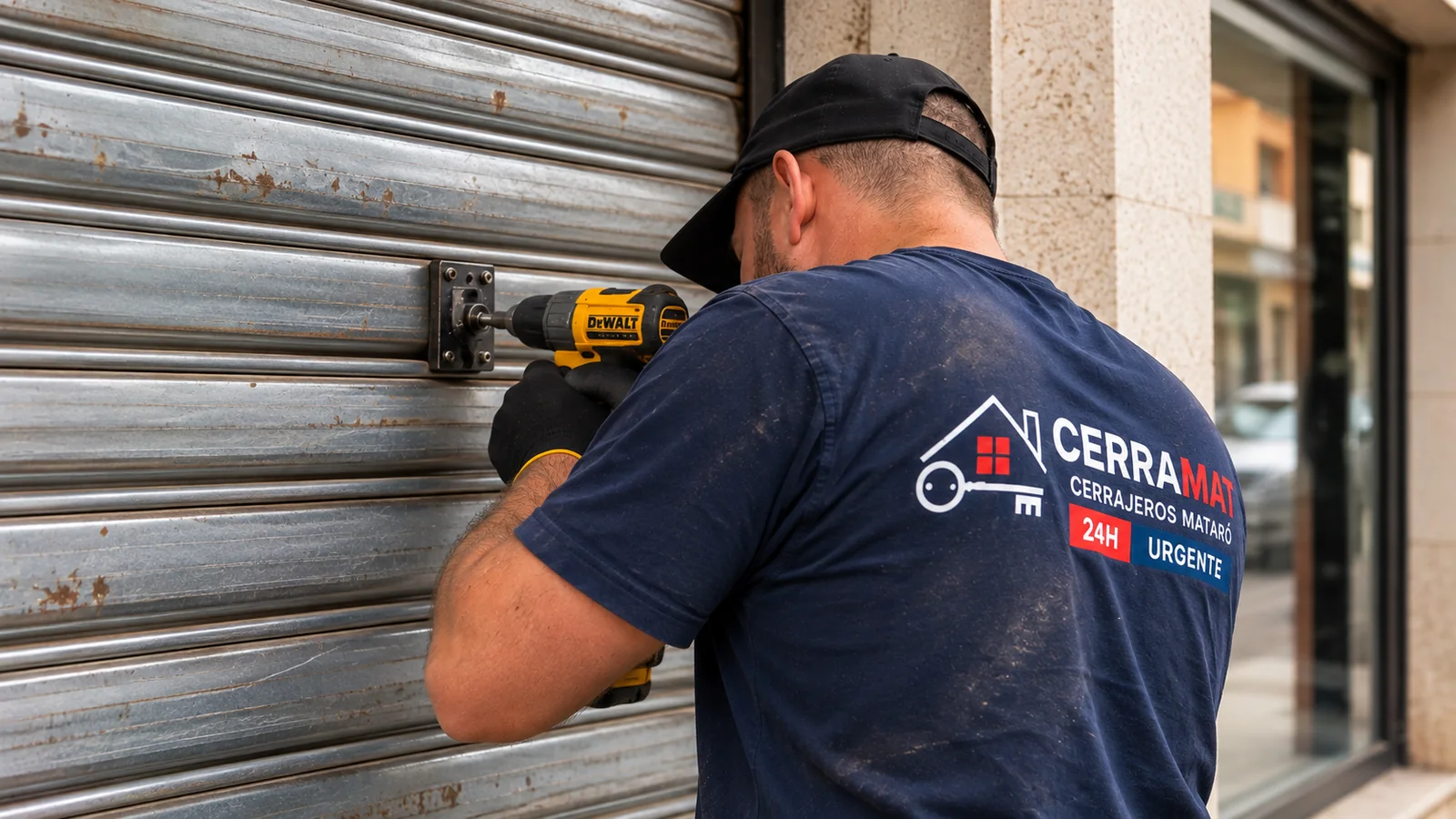 Cerrajero reparando una persiana metálica de local en Mataró